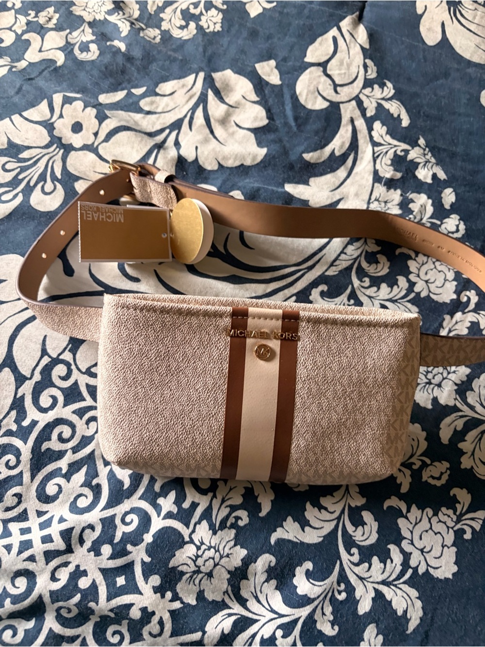 MICHAEL KORS Tan and Brown Men’s Belt Bag with Cream Stripe